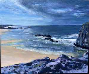 A painting of an ocean with pinkish sand, rocks on the beach, and a few grey clouds in the blue sky