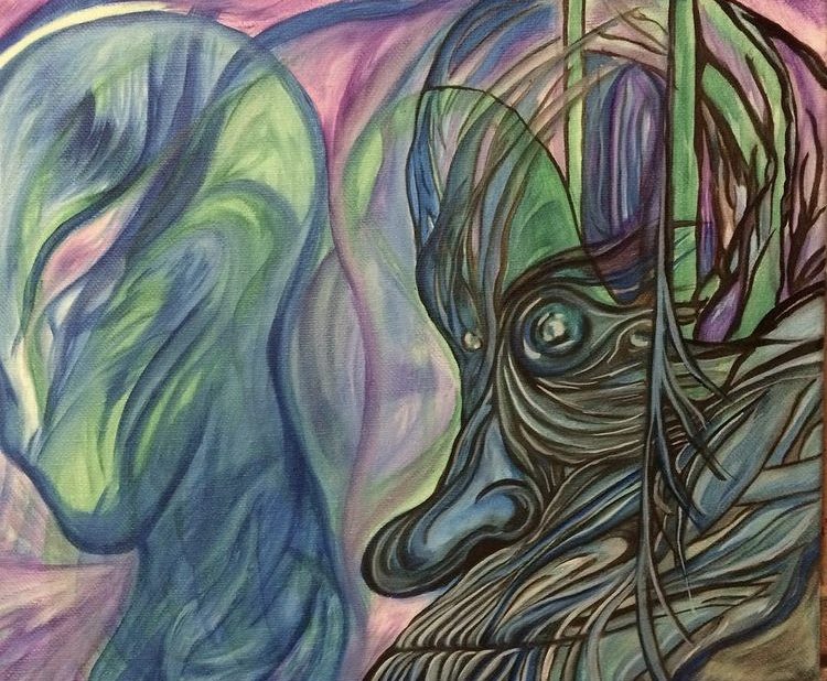 Two faces, one light blue and suggestive of an alien, and one grey and forest-like, in profile on a painting.