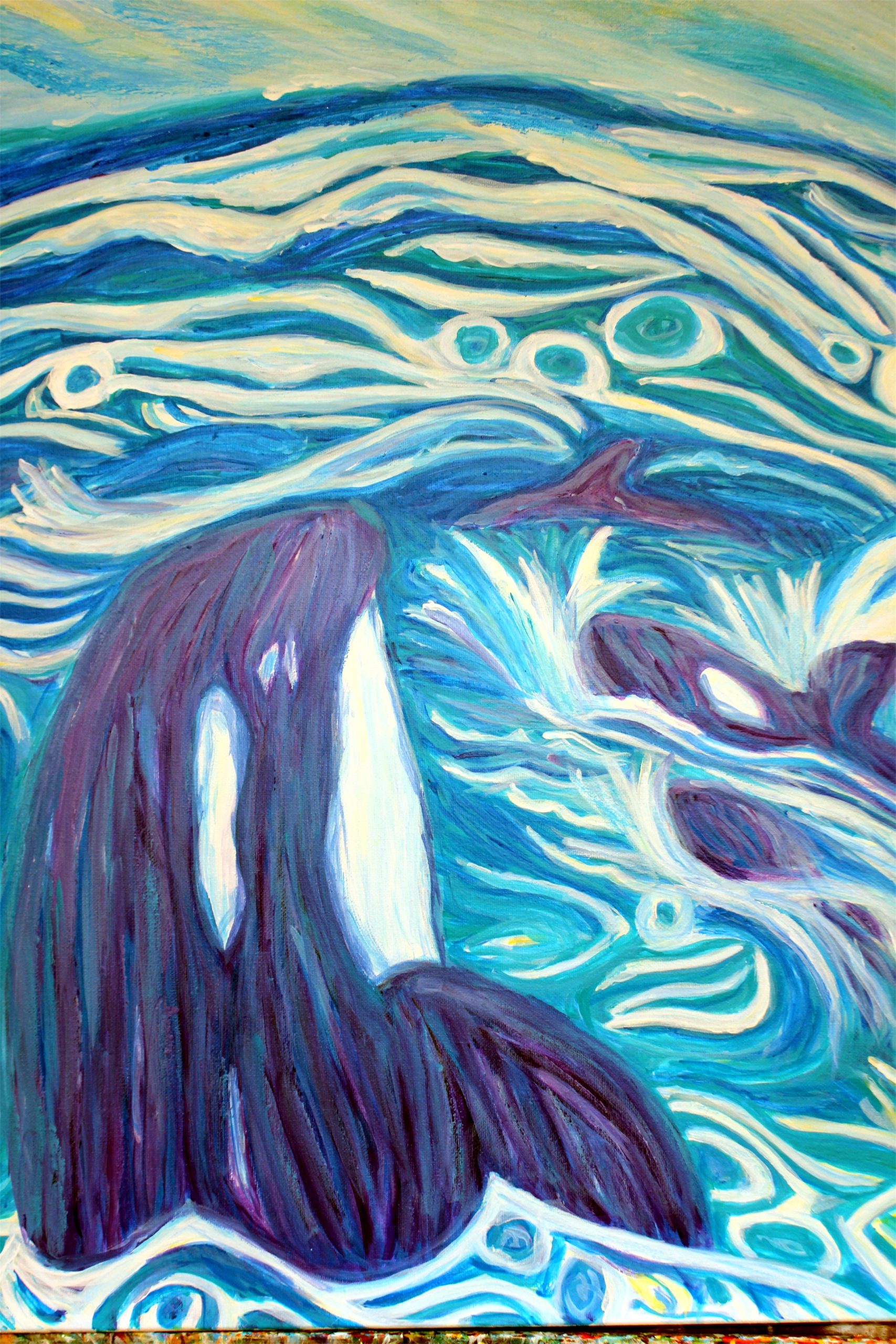 a painting of an orca, the top third of its body rising vertically from the ocean, while another orca swims close by 