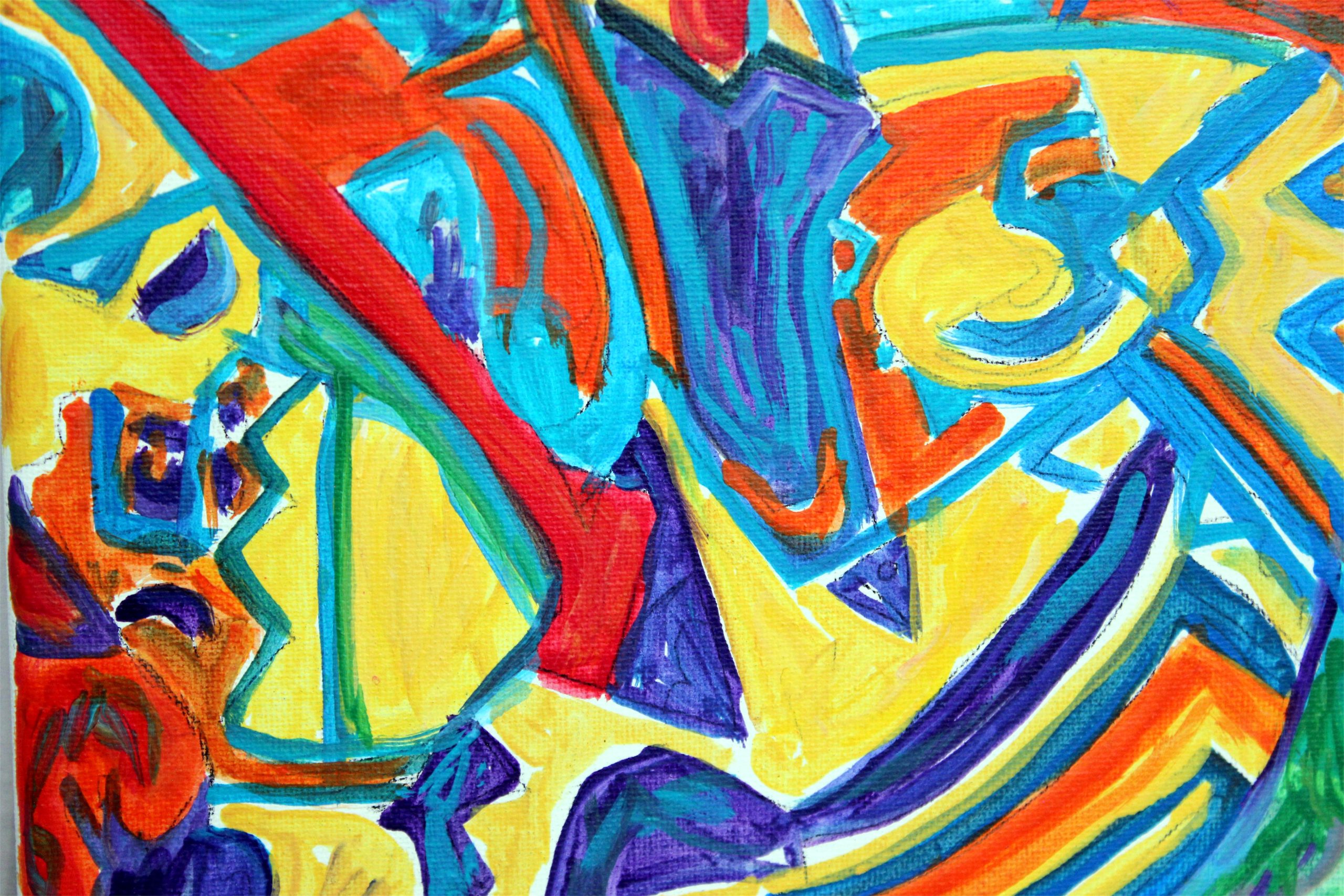 an abstract painting with bright red, turquoise, royal blue, and gold in geometric and swirling shapes