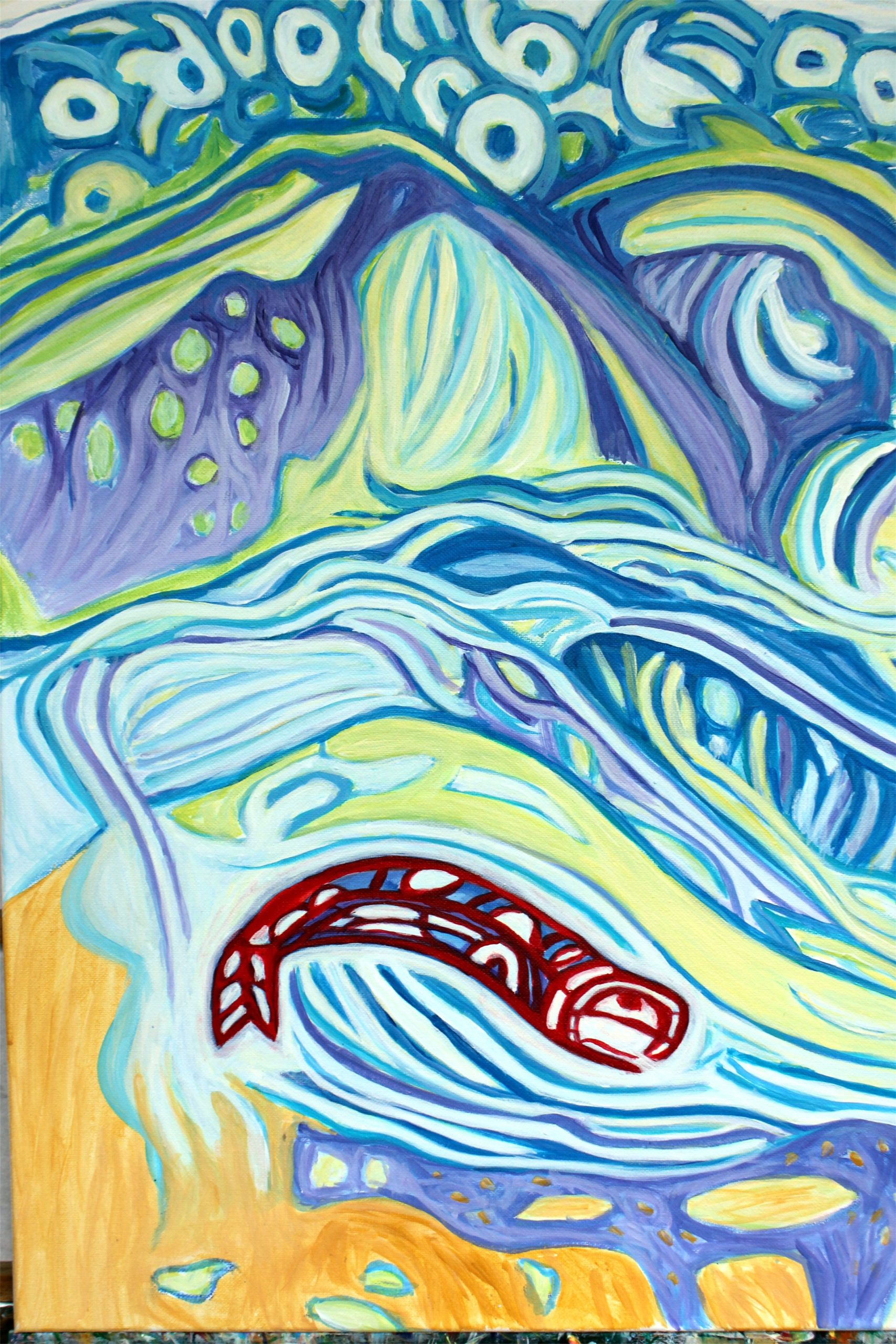 a colourful artwork with flowing lines suggesting a shoreline and a small red fish