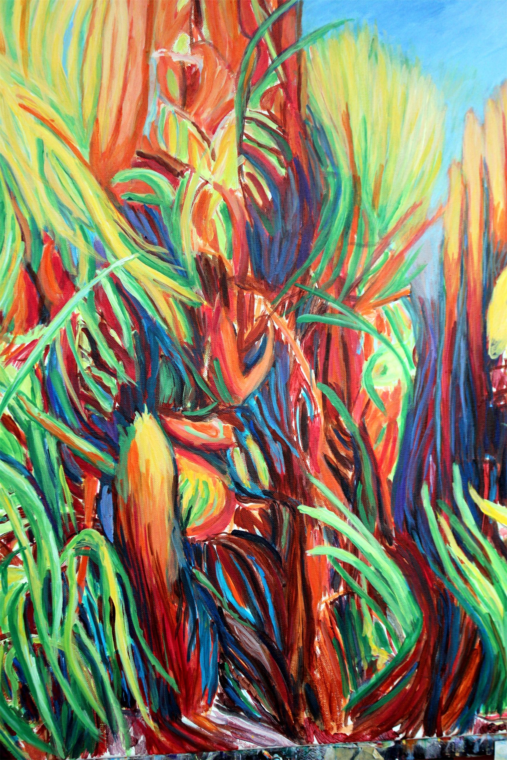 a colourful artwork, with pale green, terra cotta, and blues, suggesting a close-up of a forest