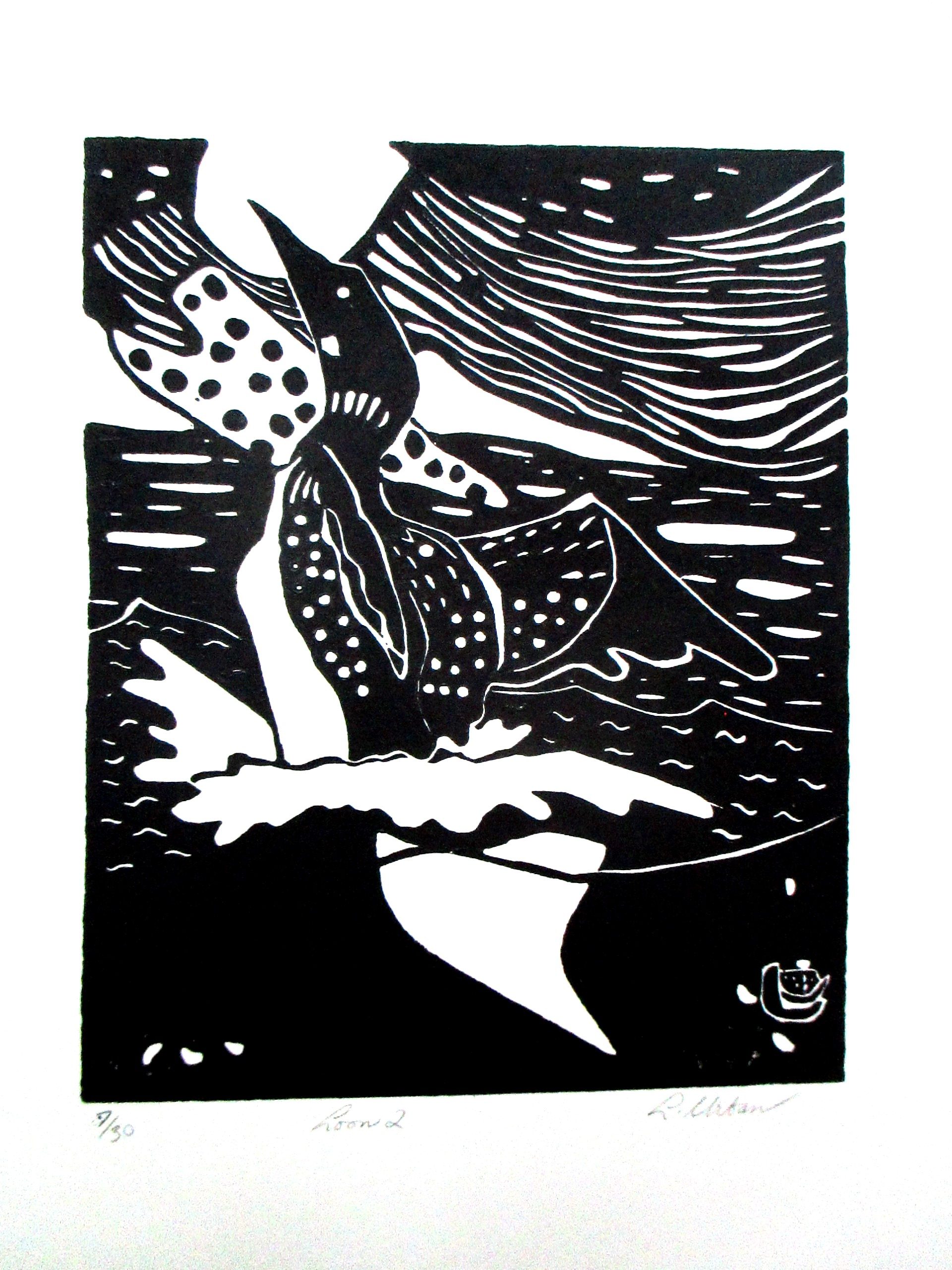 a black and white print showing a loon with open beak, looking up toward the sky