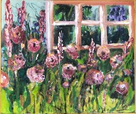 Maureen Drew flowers in front on window
