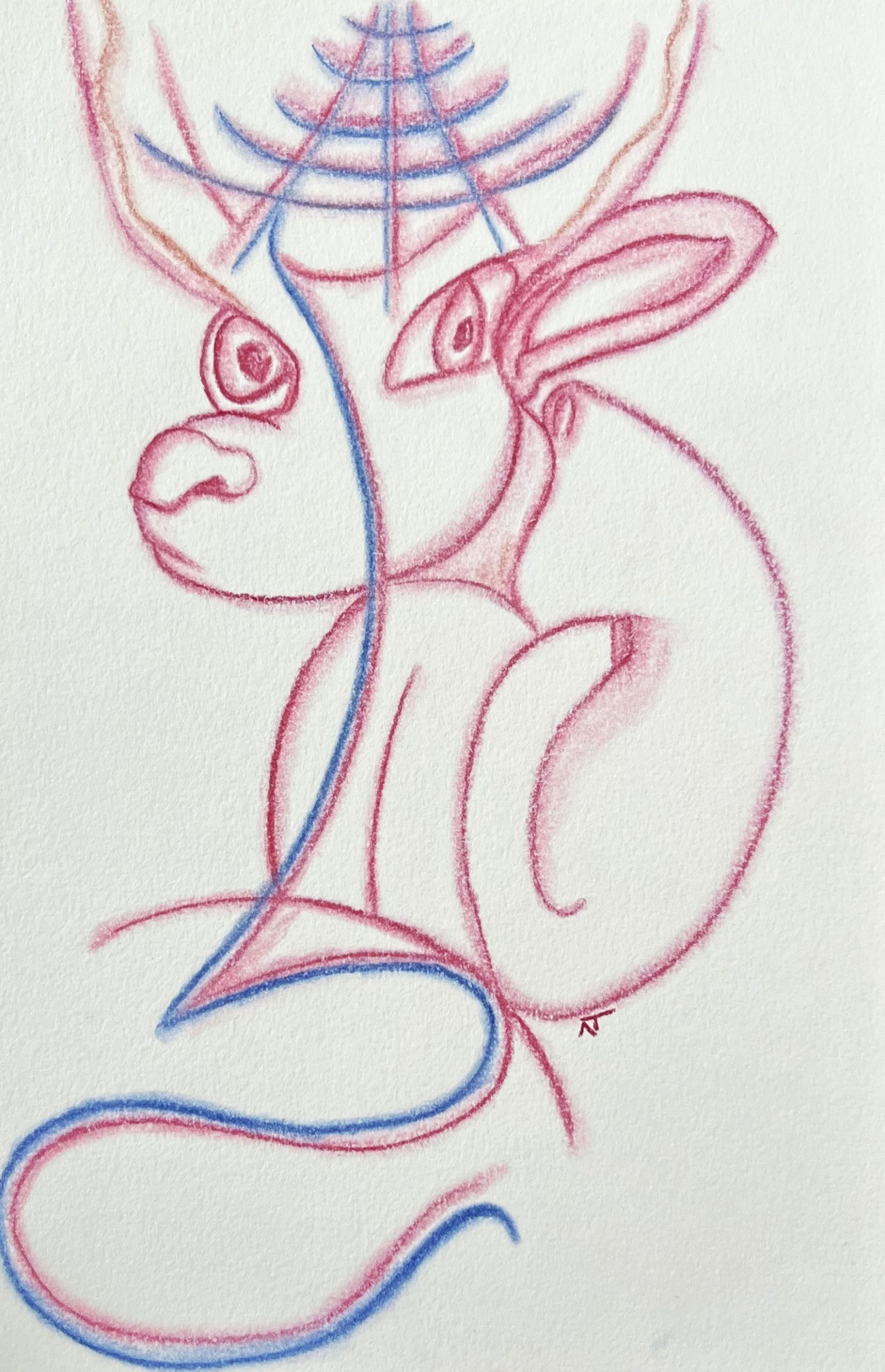 NIcole T pink and blue line drawing a pink and blue line drawing suggesting a cute but perhaps frightened creature